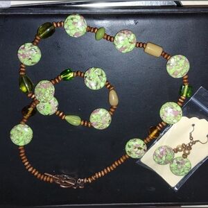 Green Mosaic Beaded Necklace & Pierced Earring Set Of 2